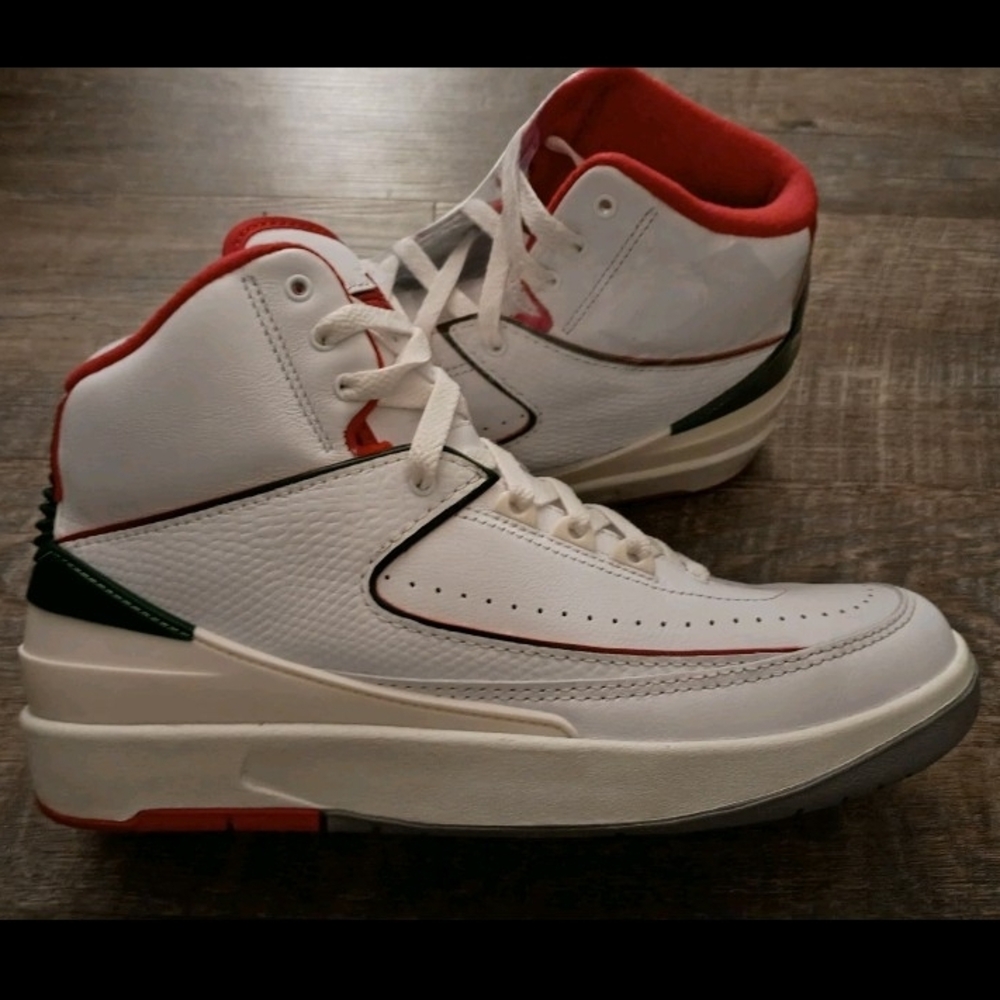 Jordan White and Red Sneakers with Green Accents